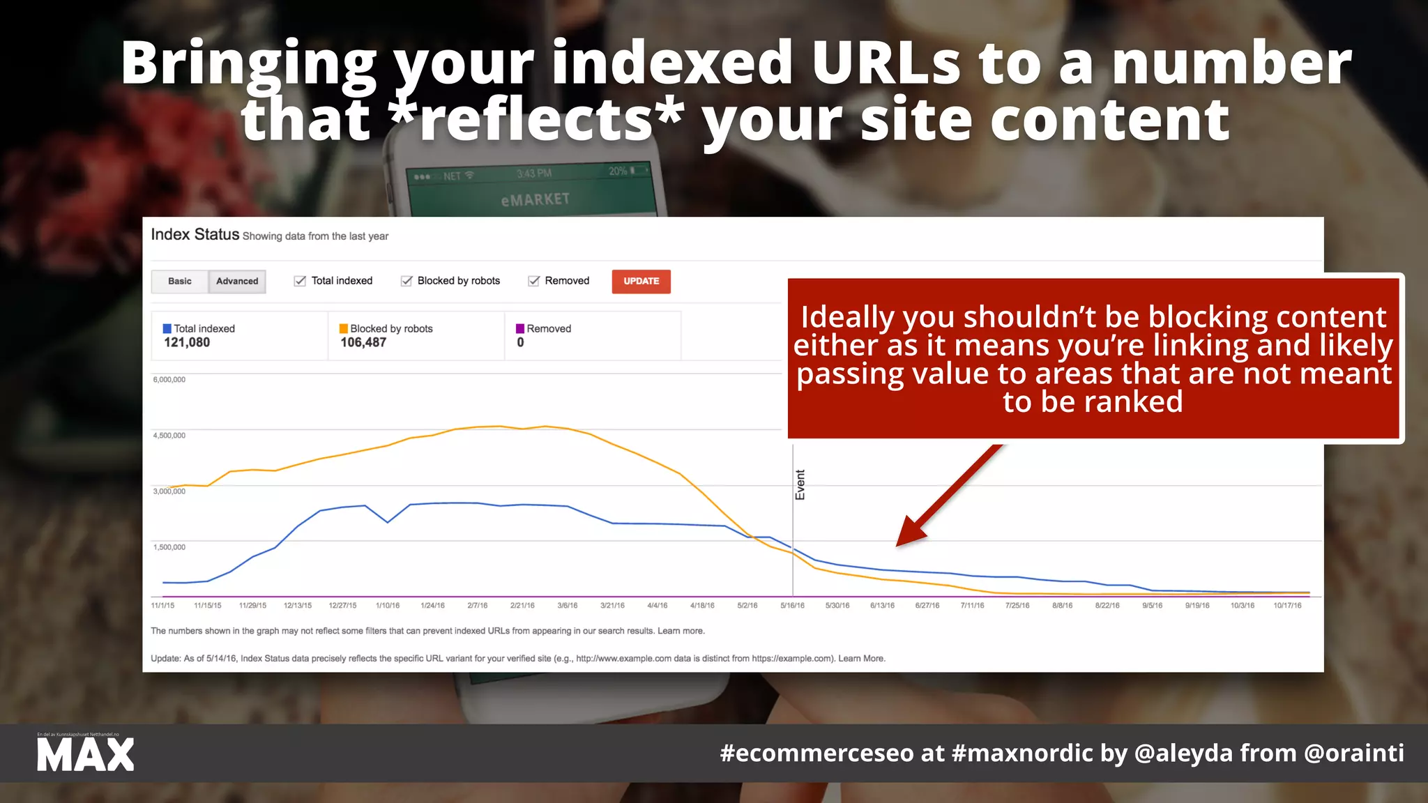 #ecommerceseo at #maxnordic by @aleyda from @orainti
Bringing your indexed URLs to a number
that *reﬂects* your site content
#ecommerceseo at #maxnordic by @aleyda from @orainti
Ideally you shouldn’t be blocking content
either as it means you’re linking and likely
passing value to areas that are not meant
to be ranked
 