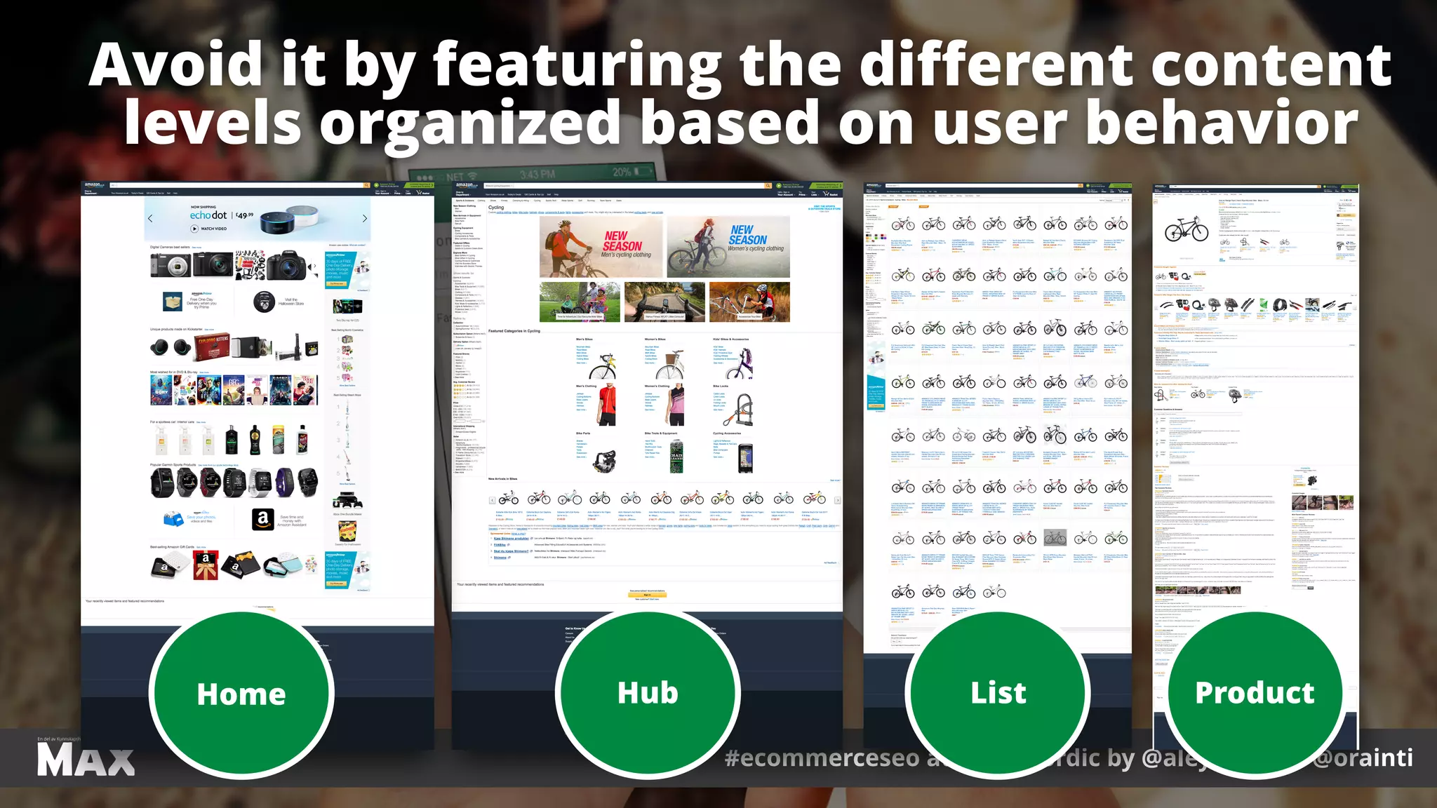 #ecommerceseo at #maxnordic by @aleyda from @orainti
Avoid it by featuring the diﬀerent content
levels organized based on user behavior
Home Hub List Product
 