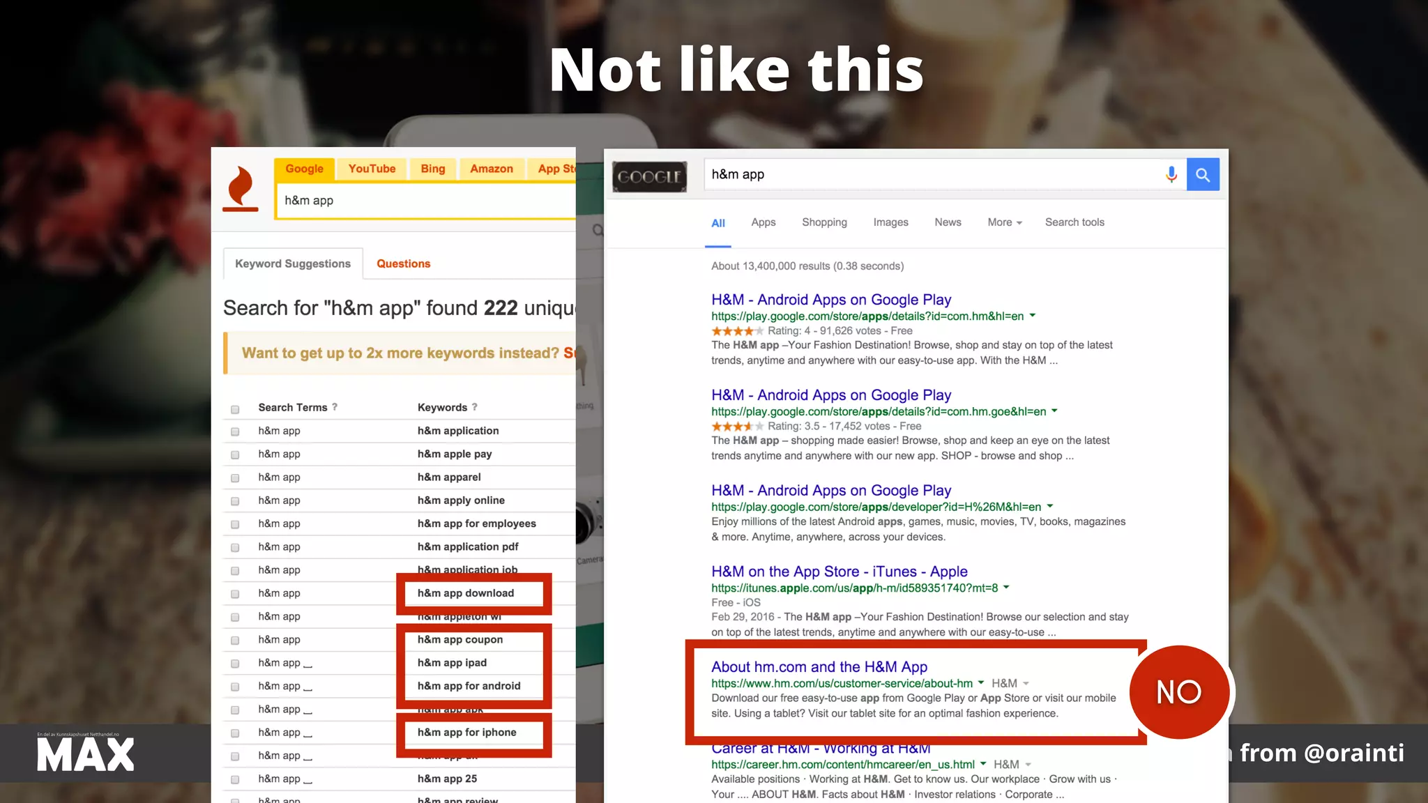 #ecommerceseo at #maxnordic by @aleyda from @orainti
Not like this
NO
 