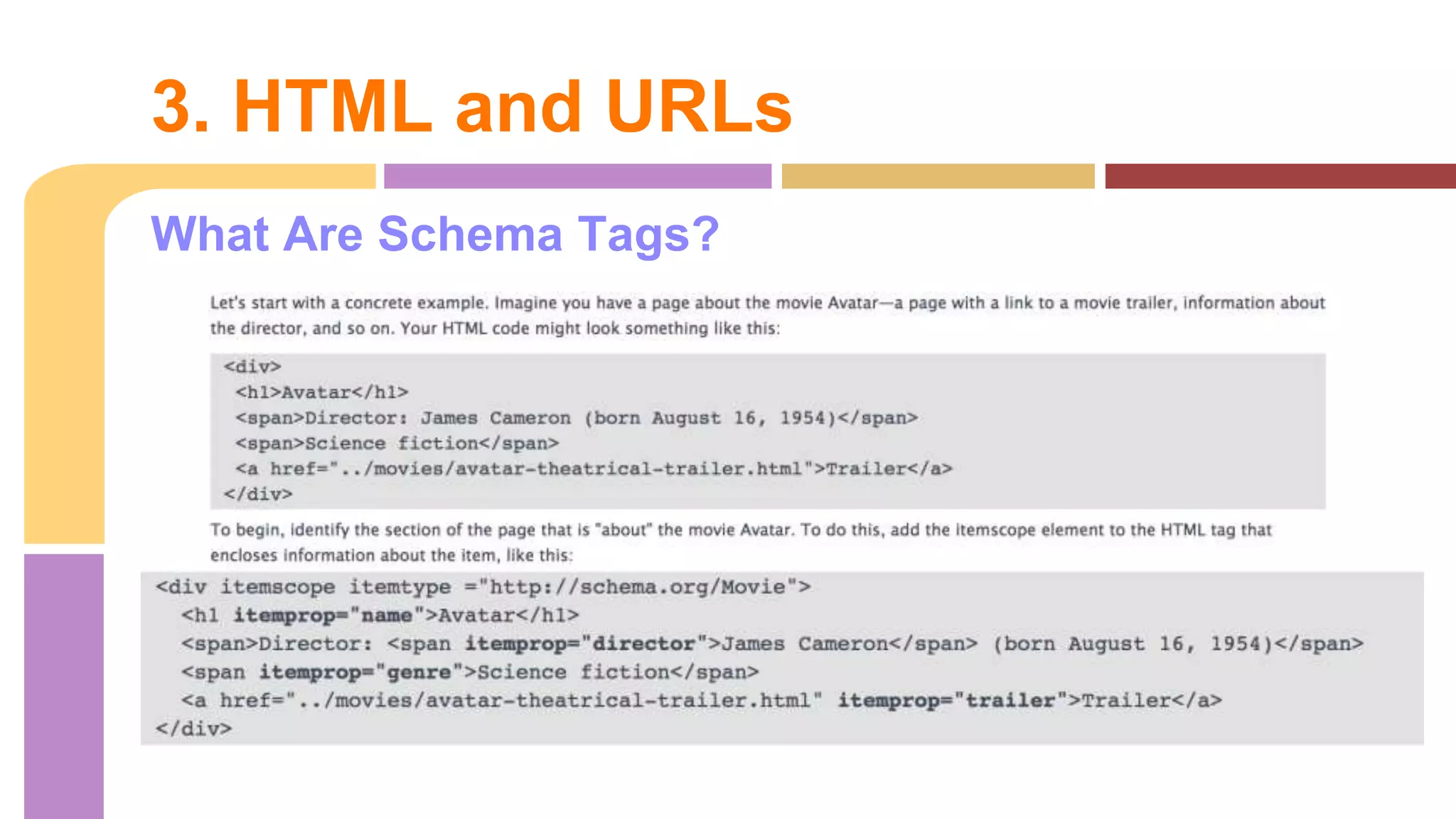 What Are Schema Tags?
Example via Schema.org
3. HTML and URLs
 