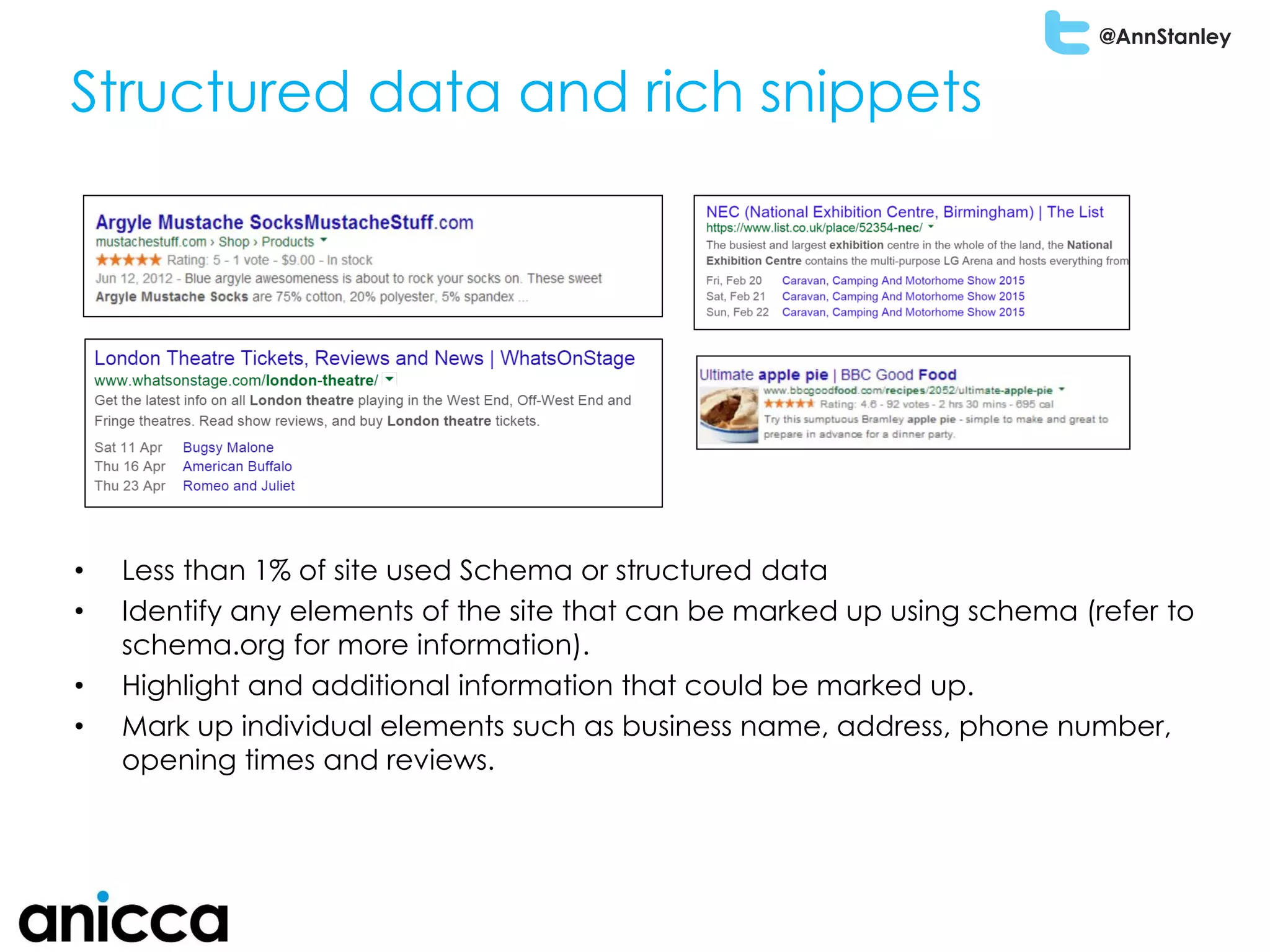 @AnnStanley
Structured data and rich snippets
• Less than 1% of site used Schema or structured data
• Identify any elements of the site that can be marked up using schema (refer to
schema.org for more information).
• Highlight and additional information that could be marked up.
• Mark up individual elements such as business name, address, phone number,
opening times and reviews.
 