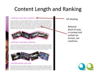 Content Length and Ranking
H2 Heading
Relevant
block of copy.
In context and
written for
human, not
machines.
 