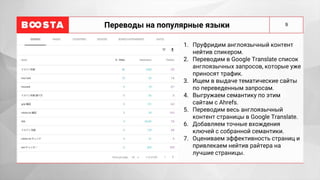 9
Переводы на популярные языки
1. Пруфридим англоязычный контент
нейтив спикером.
2. Переводим в Google Translate список
англоязычных запросов, которые уже
приносят трафик.
3. Ищем в выдаче тематические сайты
по переведенным запросам.
4. Выгружаем семантику по этим
сайтам с Ahrefs.
5. Переводим весь англоязычный
контент страницы в Google Translate.
6. Добавляем точные вхождения
ключей с собранной семантики.
7. Оцениваем эффективность страниц и
привлекаем нейтив райтера на
лучшие страницы.
 