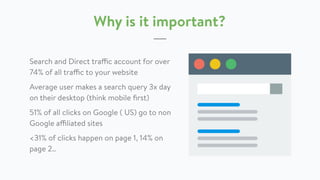 Why is it important?
Search and Direct traffic account for over
74% of all traffic to your website
Average user makes a search query 3x day
on their desktop (think mobile ﬁrst)
51% of all clicks on Google ( US) go to non
Google affiliated sites
<31% of clicks happen on page 1, 14% on
page 2..
 