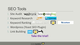 SEO Tools
1. Site Audit
2. Keyword Research
3. Keyword Ranking
4. Wordpress (Yoast SEO Plugin)
5. Link Building
Take the trial!

 