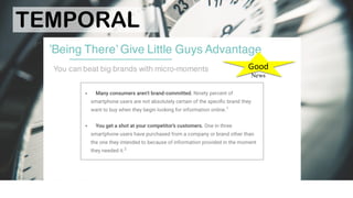 ’Being There’ Give Little Guys Advantage
You can beat big brands with micro-moments Good
News
TEMPORAL
 
