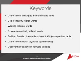 www.ArrowInternetMarketing.com.au
Keywords
• Use of lateral thinking to drive traffic and sales
• Use of Industry related ...