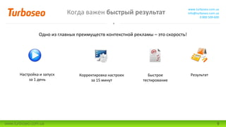 Когда важен быстрый результат
www.turboseo.com.ua
info@turboseo.com.ua
0 800 509-600
www.turboseo.com.ua 9
Одно из главных преимуществ контекстной рекламы – это скорость!
Настройка и запуск
за 1 день
Корректировка настроек
за 15 минут
Быстрое
тестирование
Результат
 