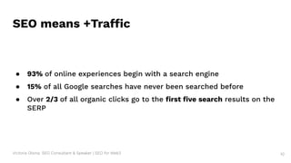Victoria Olsina: SEO Consultant & Speaker | SEO for Web3 10
SEO means +Traffic
● 93% of online experiences begin with a search engine
● 15% of all Google searches have never been searched before
● Over 2/3 of all organic clicks go to the ﬁrst ﬁve search results on the
SERP
 
