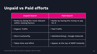 Victoria Olsina: SEO Consultant & Speaker | SEO for Web3 20
Unpaid vs Paid efforts
Unpaid Search Paid Search
• Ranks by being the most relevant
within ranking factors
• Ranks by having the money to pay
for it
• Organic Traffic • Paid Traffic
• More trustworthy • Ads/Advertising = Google Adwords
• Takes time and effort • Appear at the top of SERP instantly
 