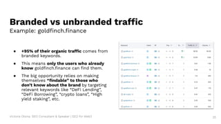 Victoria Olsina: SEO Consultant & Speaker | SEO for Web3
Branded vs unbranded traffic
Example: goldﬁnch.ﬁnance
25
● +95% of their organic traffic comes from
branded keywords.
● This means only the users who already
know goldﬁnch.ﬁnance can ﬁnd them.
● The big opportunity relies on making
themselves “ﬁndable” to those who
don’t know about the brand by targeting
relevant keywords like “DeFi Lending”,
“DeFi Borrowing”, “crypto loans”, “High
yield staking”, etc.
 