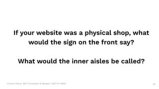 Victoria Olsina: SEO Consultant & Speaker | SEO for Web3
If your website was a physical shop, what
would the sign on the front say?
What would the inner aisles be called?
30
 