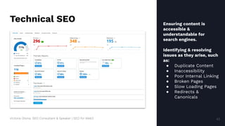 Victoria Olsina: SEO Consultant & Speaker | SEO for Web3
Technical SEO
43
Ensuring content is
accessible &
understandable for
search engines.
Identifying & resolving
issues as they arise, such
as:
● Duplicate Content
● Inaccessibility
● Poor Internal Linking
● Broken Pages
● Slow Loading Pages
● Redirects &
Canonicals
43
 