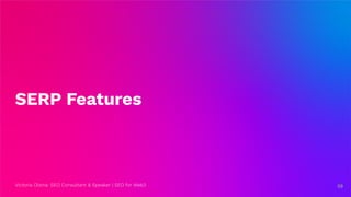 Victoria Olsina: SEO Consultant & Speaker | SEO for Web3
SERP Features
59
59
 