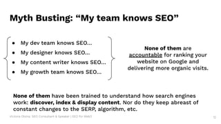 Victoria Olsina: SEO Consultant & Speaker | SEO for Web3 12
Myth Busting: “My team knows SEO”
● My dev team knows SEO…
● M...