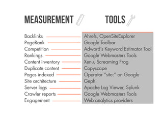 Measurement                  tools
Backlinks           Ahrefs, OpenSiteExplorer
PageRank            Google Toolbar
Competition         Adword’s Keyword Estimator Tool
Rankings            Google Webmasters Tools
Content inventory   Xenu, Screaming Frog
Duplicate content   Copyscape
Pages indexed       Operator “site:” on Google
Site architecture   Gephi
Server logs         Apache Log Viewer, Splunk
Crawler reports     Google Webmasters Tools
Engagement          Web analytics providers
 