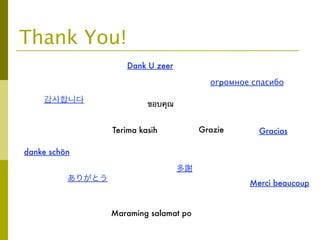 Thank You!
                 Dank U zeer

                                      огpомное спасибо

                       ขอบคุณ


              Terima kasih          Grazie      Gracias

danke schön


                                              Merci beaucoup


              Maraming salamat po
 