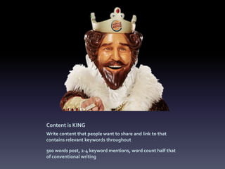 Content is KING
Write content that people want to share and link to that
contains relevant keywords throughout

500 words ...
