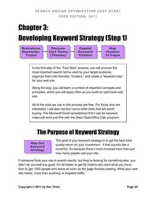 SEARCH ENGINE OPTIMIZATION FAST START
                              FREE EDITION: 2011



Chapter 3:
Developing Keyword Strategy (Step 1)
  Brainstorm            Discover             Expand                Map
  Keywords/           Core Terms            Keyword              Clusters
    Topics             (Themes)             Clusters             To Pages



          In the first step of the “Fast Start” process, you will uncover the
          most important search terms used by your target audience,
          organize them into thematic “clusters,” and create a “keyword map”
          for your web site.

          Along the way, you will learn a number of important concepts and
          principles, which you will apply often as you build an optimized web
          site.

          All of the tools we use in this process are free. For those who are
          interested, I will also mention some other tools that are worth
          buying. The Microsoft Excel spreadsheet that I use for keyword
          maps will work just fine with the (free) OpenOffice Calc program.




             The Purpose of Keyword Strategy
                           The goal of your keyword strategy is to get the best total
        Map Out
                           quality return on your investment. If that sounds like a
        Keyword
        Strategy           mouthful, it’s because there’s more involved here than just
                           how many people visit your site.

If someone finds your site in search results, but they’re looking for something else, you
didn’t do yourself any good. It’s far better to get 50 visitors who want what you have,
than to get 1000 people who leave as soon as the page finishes loading. What your web
site needs, more than anything, is targeted traffic.



Copyright © 2011 by Dan Thies                                                    Page 25
 