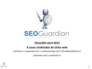 1
ClinicSEO abril 2013
6 casos analizados de sitios web
matmax.es | ropamoto.com | campuseuropa.com| schneiderelectric.es|
pikeando.com| sushifresh.es
 