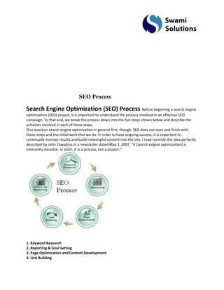 SEO Process Search Engine Optimization (SEO) Process Before beginning a search engine optimization (SEO) project, it is important to understand the process involved in an effective SEO campaign. To that end, we break the process down into the five steps shown below and describe the activities involved in each of these steps. One word on search engine optimization in general first, though. SEO does not start and finish with these steps and the initial work that we do. In order to have ongoing success, it is important to continually monitor results and build meaningful content into the site. I read recently this idea perfectly described by John Tawadros in a newsletter dated May 3, 2007, "it [search engine optimization] is inherently iterative. In short, it is a process, not a project." 
1. Keyword Research 2. Reporting & Goal Setting 3. Page Optimization and Content Development 4. Link Building  