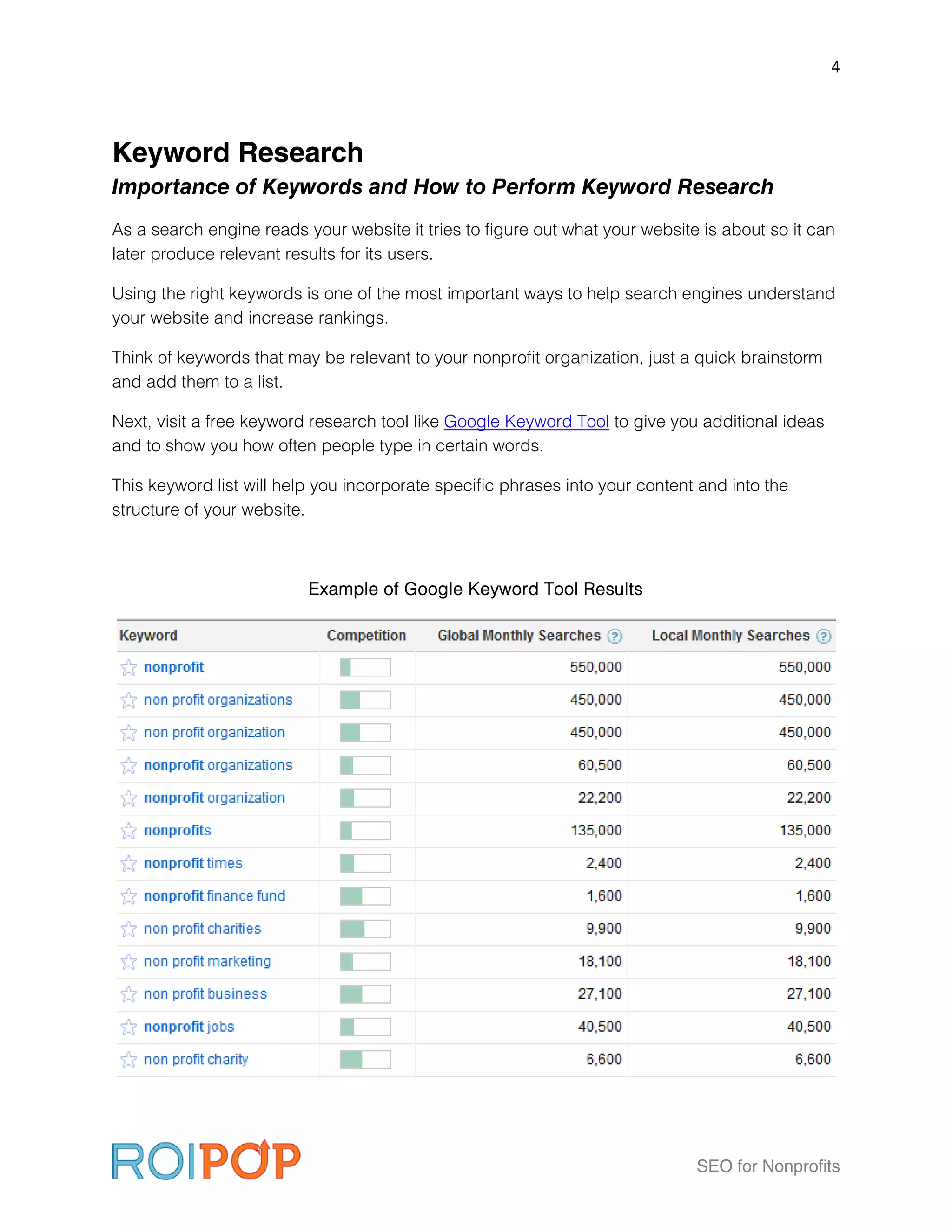 4




Keyword Research
Importance of Keywords and How to Perform Keyword Research
As a search engine reads your website it tries to figure out what your website is about so it can
later produce relevant results for its users.

Using the right keywords is one of the most important ways to help search engines understand
your website and increase rankings.

Think of keywords that may be relevant to your nonprofit organization, just a quick brainstorm
and add them to a list.

Next, visit a free keyword research tool like Google Keyword Tool to give you additional ideas
and to show you how often people type in certain words.

This keyword list will help you incorporate specific phrases into your content and into the
structure of your website.



                          Example of Google Keyword Tool Results




                                                                              SEO for Nonprofits
 