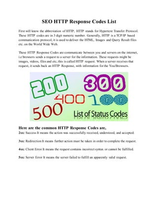 SEO HTTP Response Codes List | DOCX | Internet | Computing