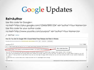 Google Updates
Rel=Author
Use this code for Google+:
<a href="https://plus.google.com/12345678901234" rel="author">Your Na...