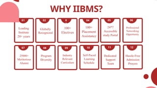 WHY IIBMS?
Leading
Institute
20+ years
01
Globally
Recognized
02
100+
Electives
0
3
07
100+
Placement
Assistance
04
24*7
Accessible
study Portal
05
Professional
Networking
Opportunity
06
25000+
Meritorious
Alumni
07
Program
Diversity
08 07
Industry
Relevant
Curriculum
09 07
Self-Paced
Learning
Schedule
10 07
11
Dedicated
Support
Team
07
12
Hassle-Free
Admission
Process
 