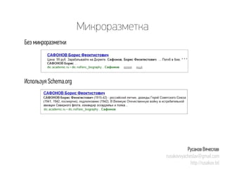 Микроразметка 
Русаков Вячеслав 
rusakovvyacheslav@gmail.com 
http://rusakov.tel 
Без микроразметки 
Используя Schema.org  