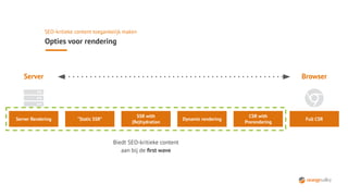 SEO-kritieke content toegankelijk maken
Opties voor rendering
Server Rendering “Static SSR”
SSR with
(Re)hydration
Dynamic rendering
CSR with
Prerendering
Full CSR
Server Browser
Biedt SEO-kritieke content
aan bij de ﬁrst wave
 