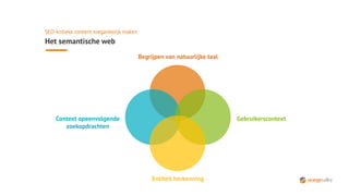 SEO-kritieke content toegankelijk maken
Het semantische web
Begrijpen van natuurlijke taal
GebruikerscontextContext opeenvolgende
zoekopdrachten
Entiteit herkenning
 
