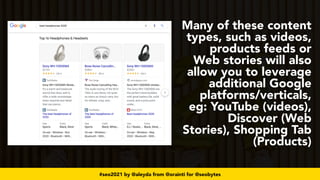 #seo2021 by @aleyda from @orainti for @seobytes
Many of these content
types, such as videos,
products feeds or
Web stories will also
allow you to leverage
additional Google
platforms/verticals,
eg: YouTube (videos),
Discover (Web
Stories), Shopping Tab
(Products)
 