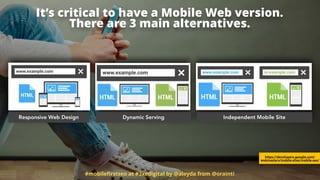 #mobileﬁrstseo at #3xedigital by @aleyda from @orainti
It’s critical to have a Mobile Web version.  
There are 3 main alternatives.
https://developers.google.com/
webmasters/mobile-sites/mobile-seo/
Responsive Web Design Dynamic Serving Independent Mobile Site
 