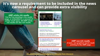 #mobileﬁrstseo at #3xedigital by @aleyda from @orainti
It’s now a requirement to be included in the news
carousel and can provide extra visibility
AMP article rich results 
Can be free-standing in the results
page, or embedded in a carousel of
similar result types. All AMP article
rich results are also rich results.
AMP non-rich results 
A basic, non-graphical search result
pointing to the AMP page.
 