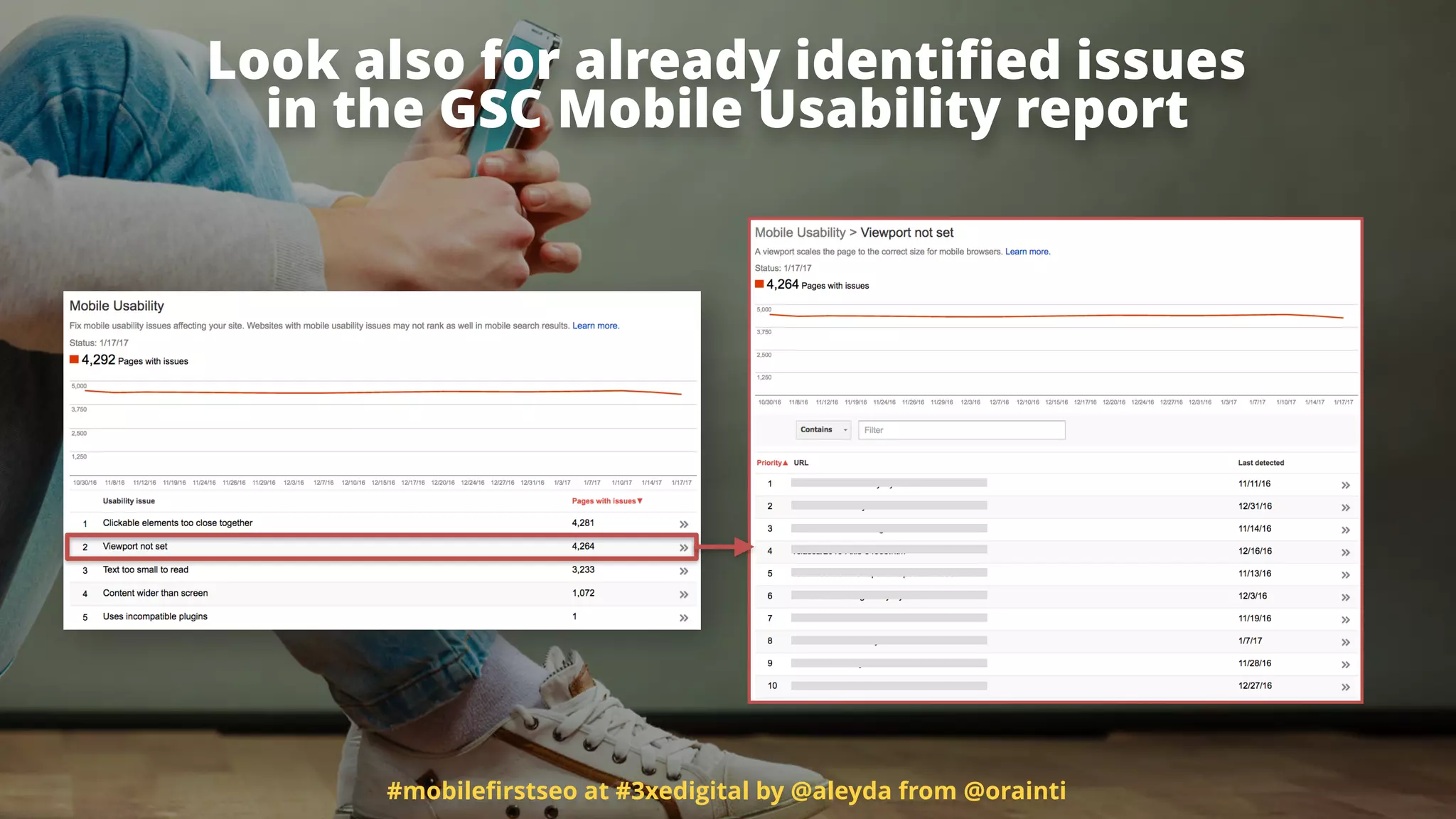 #mobileﬁrstseo at #3xedigital by @aleyda from @orainti
Look also for already identiﬁed issues  
in the GSC Mobile Usability report
 