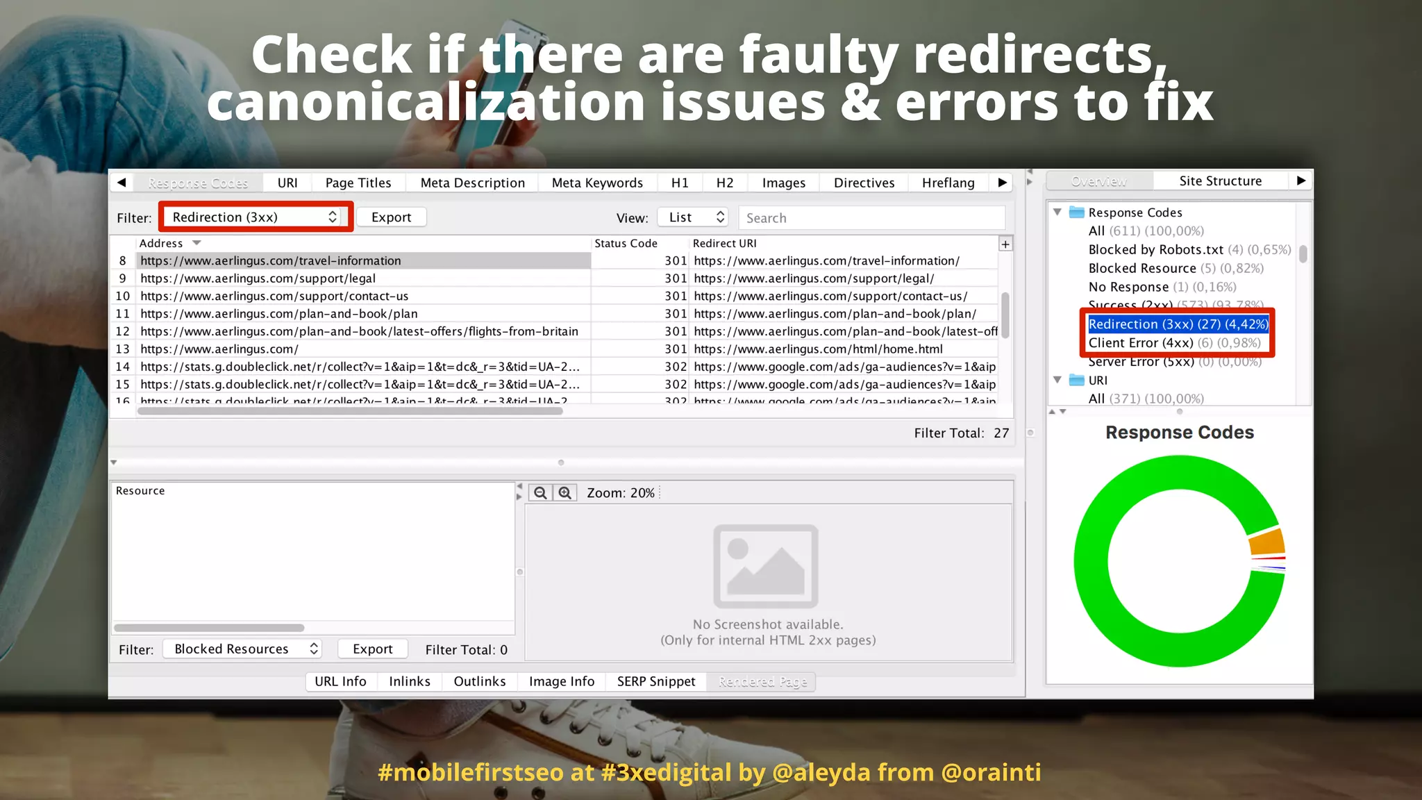#mobileﬁrstseo at #3xedigital by @aleyda from @orainti
Check if there are faulty redirects,
canonicalization issues & errors to ﬁx
 