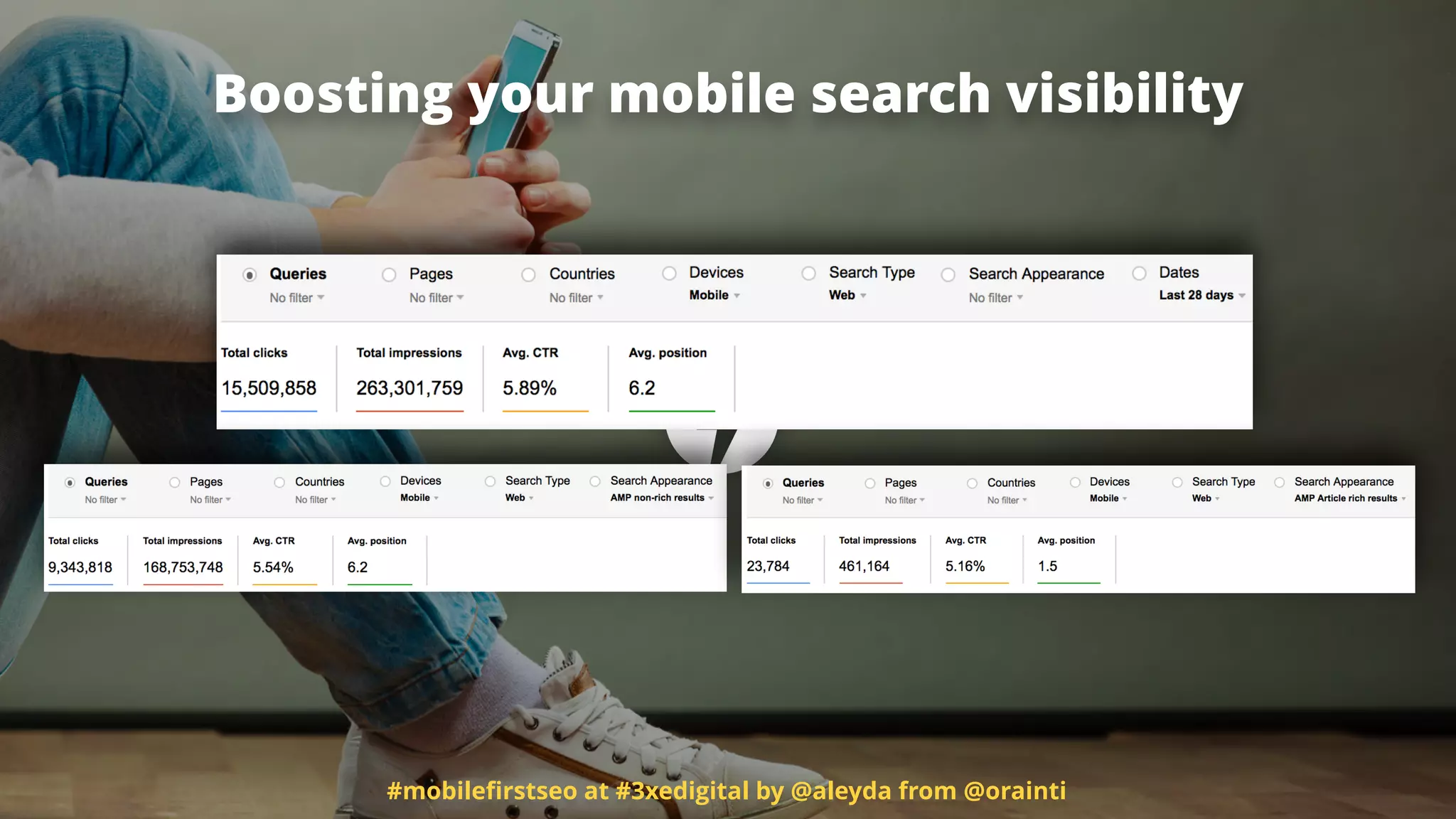 #mobileﬁrstseo at #3xedigital by @aleyda from @orainti
Boosting your mobile search visibility
 