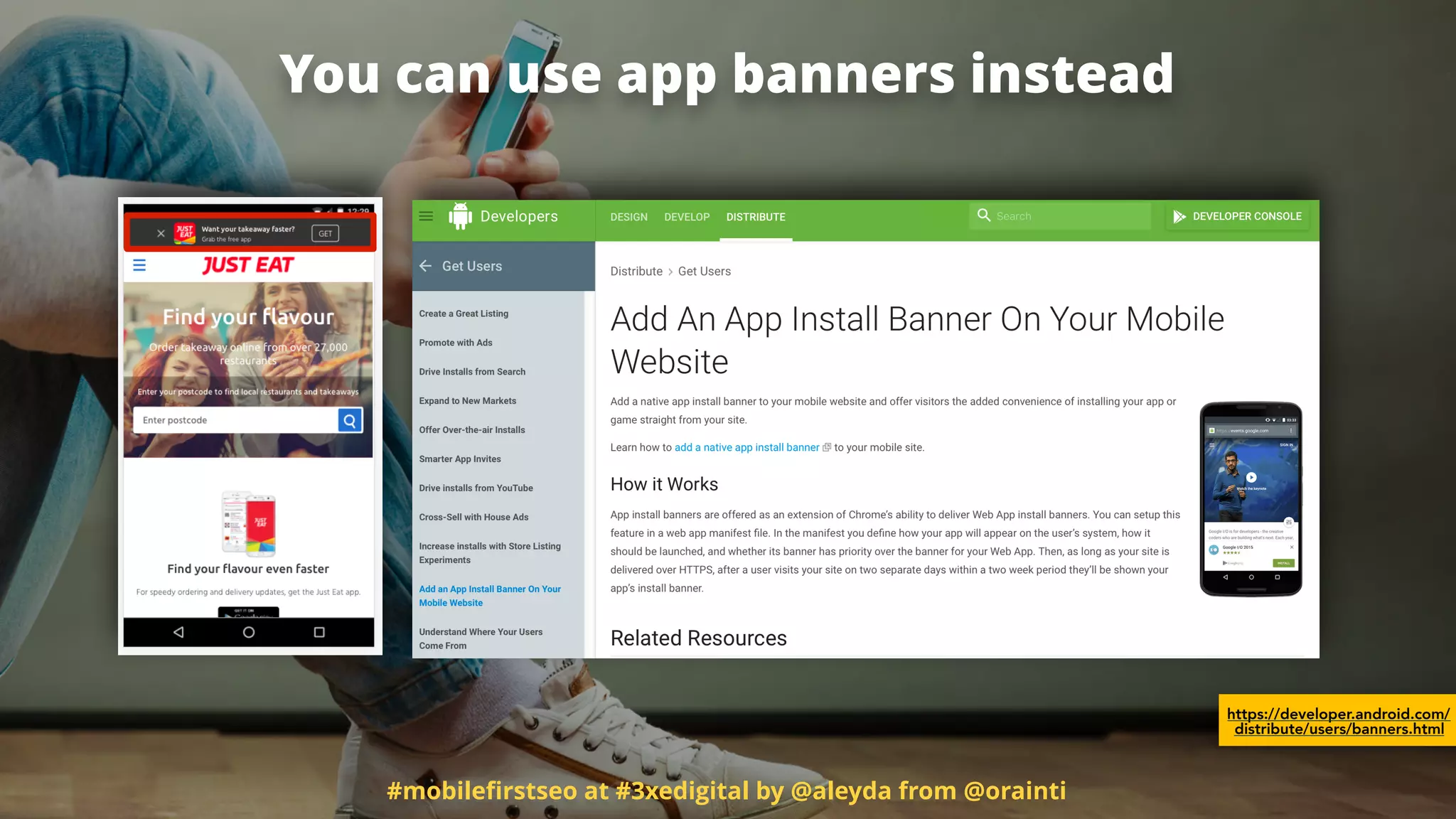 #mobileﬁrstseo at #3xedigital by @aleyda from @orainti
You can use app banners instead
https://developer.android.com/
distribute/users/banners.html
 