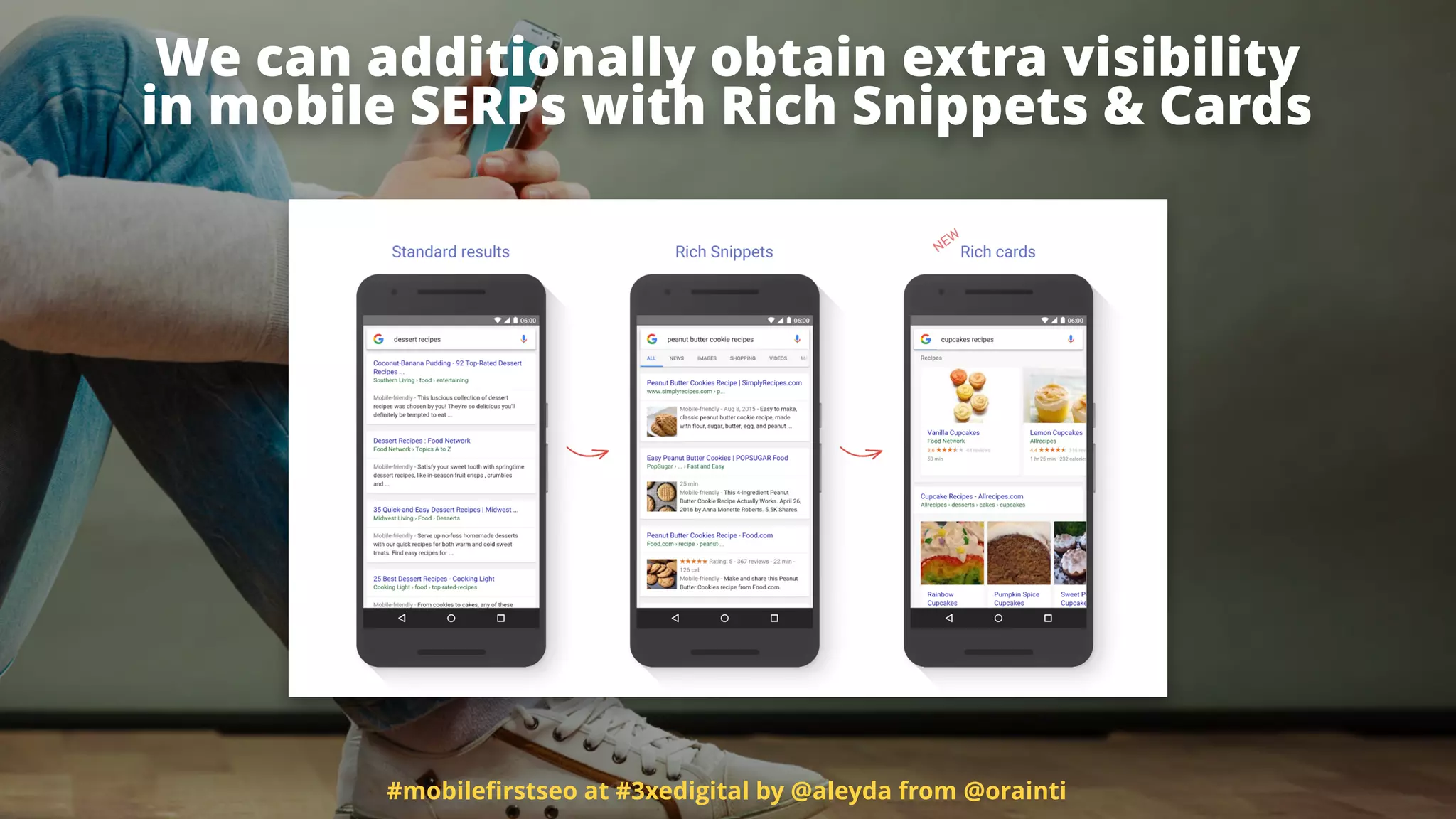 #mobileﬁrstseo at #3xedigital by @aleyda from @orainti
We can additionally obtain extra visibility  
in mobile SERPs with Rich Snippets & Cards
 