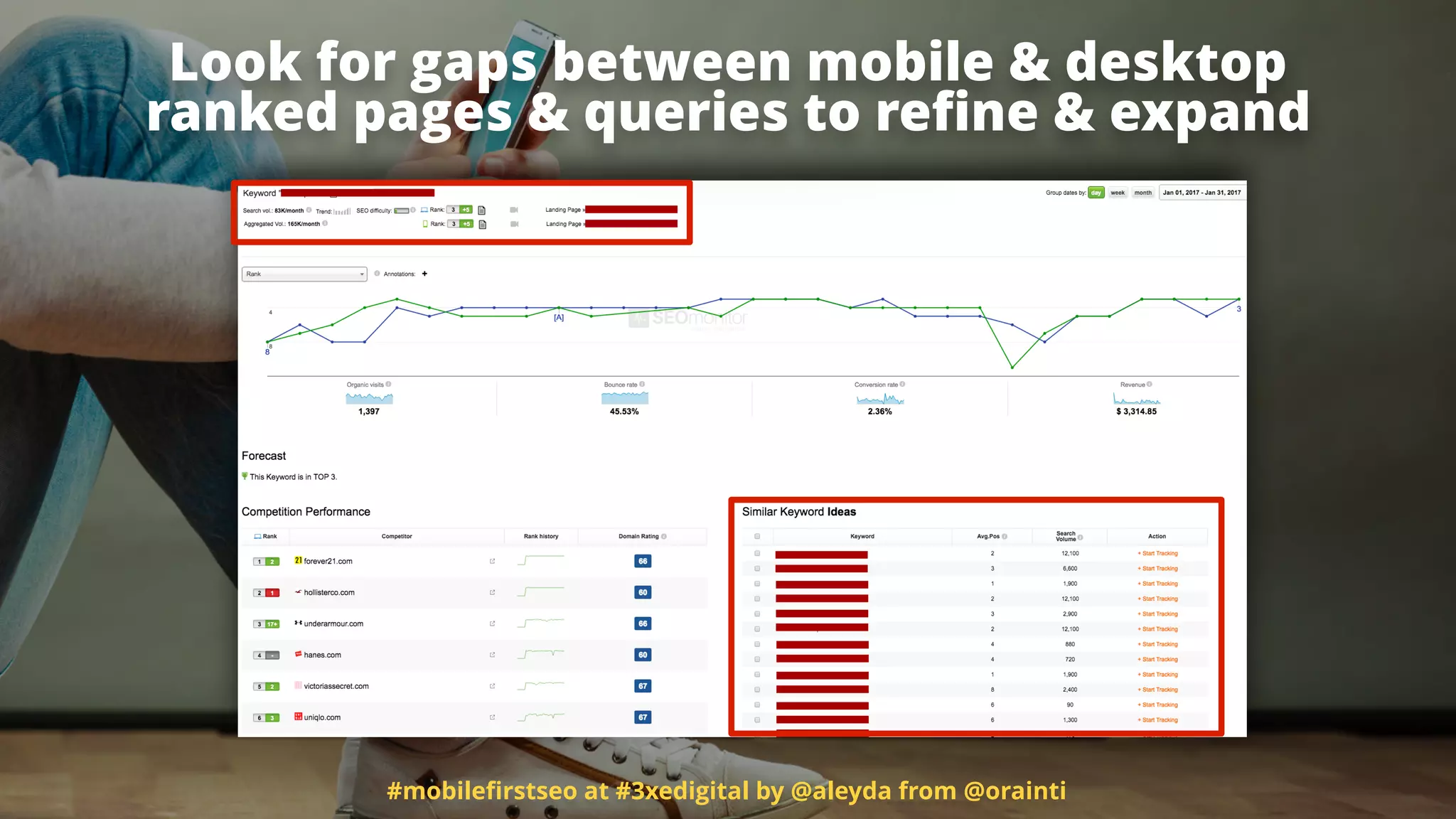 Look for gaps between mobile & desktop
ranked pages & queries to reﬁne & expand
#mobileﬁrstseo at #3xedigital by @aleyda from @orainti
 