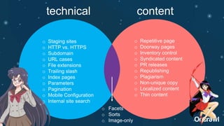 o Repetitive page
o Doorway pages
o Inventory control
o Syndicated content
o PR releases
o Republishing
o Plagiarism
o Non-unique copy
o Localized content
o Thin content
o Staging sites
o HTTP vs. HTTPS
o Subdomain
o URL cases
o File extensions
o Trailing slash
o Index pages
o Parameters
o Pagination
o Mobile Configuration
o Internal site search
technical content
o Facets
o Sorts
o Image-only
 