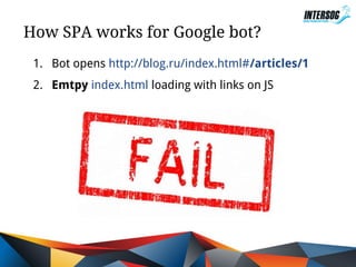 How SPA works for Google bot?
1. Bot opens http://blog.ru/index.html#/articles/1
2. Emtpy index.html loading with links on JS

 