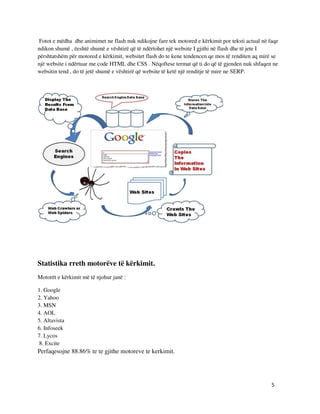 5
Fotot e mëdha dhe animimet ne flash nuk ndikojne fare tek motored e kërkimit por teksti actual në faqe
ndikon shumë , ëeshtë shumë e vështirë që të ndërtohet një website I gjithi në flash dhe të jete I
përshtatshëm për motored e kërkimit, websitet flash do te kene tendencen qe mos të renditen aq mirë se
një website i ndërtuar me code HTML dhe CSS . Nëqoftese termat që ti do që të gjenden nuk shfaqen ne
websitin tend , do të jetë shumë e vështirë që website të ketë një renditje të mire ne SERP.
Statistika rreth motorëve të kërkimit.
Motorët e kërkimit më të njohur janë :
1. Google
2. Yahoo
3. MSN
4. AOL
5. Altavista
6. Infoseek
7. Lycos
8. Excite
Perfaqesojne 88.86% te te gjithe motoreve te kerkimit.
 