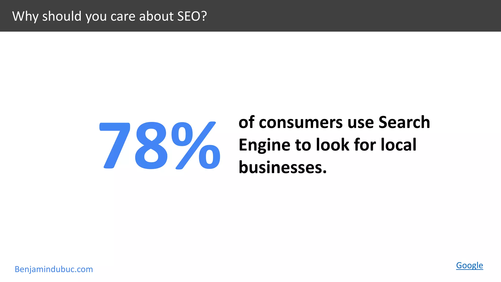 Benjamindubuc.com
of consumers use Search
Engine to look for local
businesses.78%
Google
Why should you care about SEO?
 