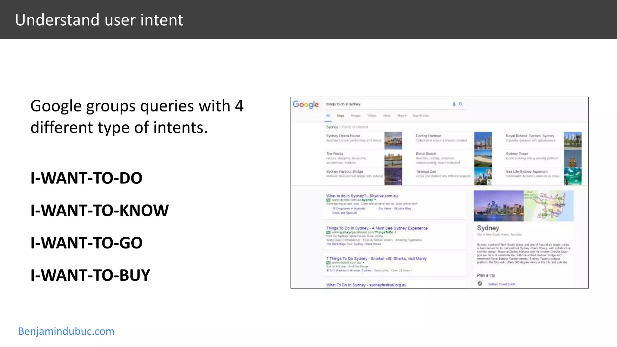 Benjamindubuc.com
Understand user intent
Google groups queries with 4
different type of intents.
I-WANT-TO-DO
I-WANT-TO-KNOW
I-WANT-TO-GO
I-WANT-TO-BUY
 