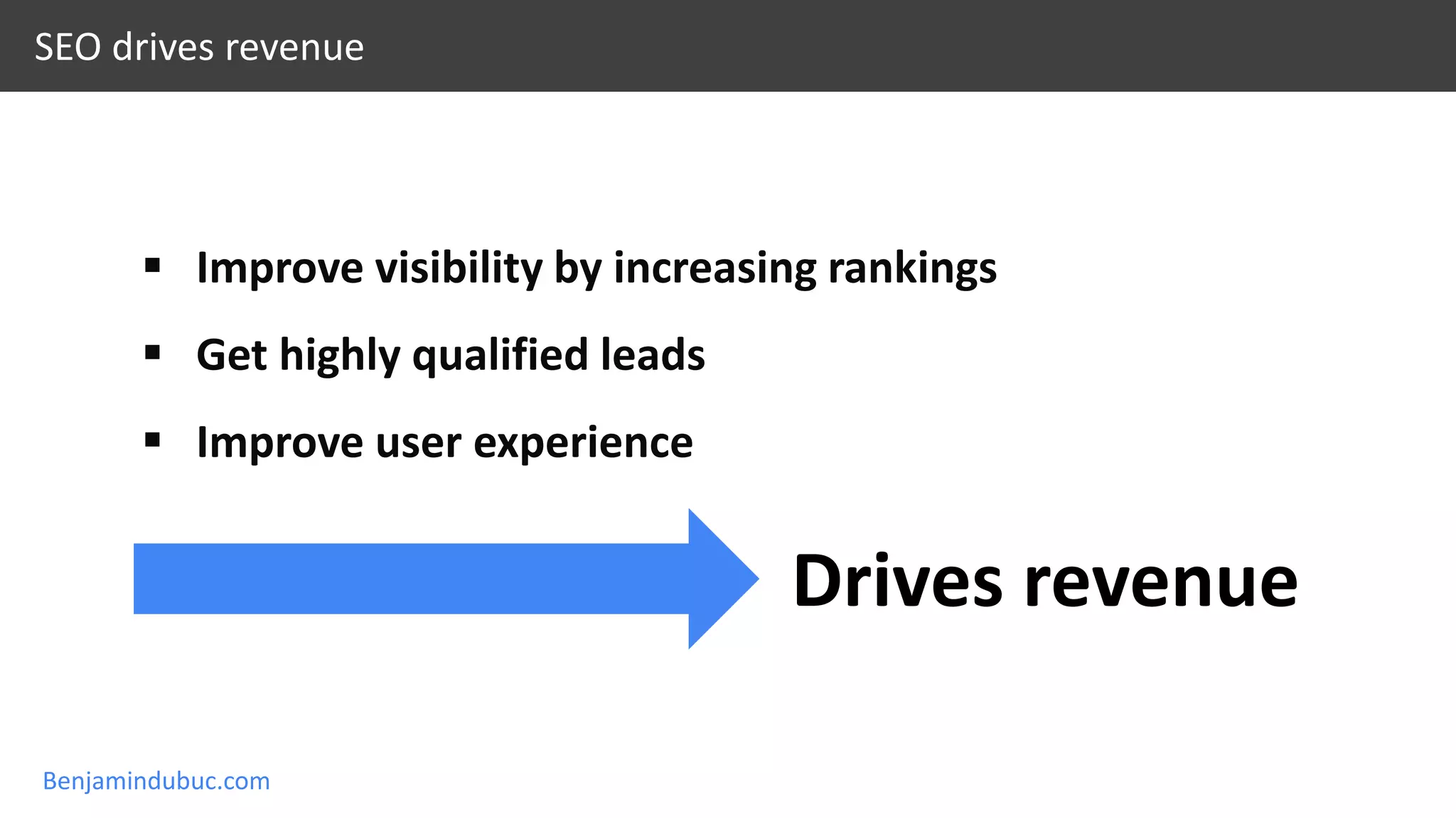 Benjamindubuc.com
SEO drives revenue
 Improve visibility by increasing rankings
 Get highly qualified leads
 Improve user experience
Drives revenue
 