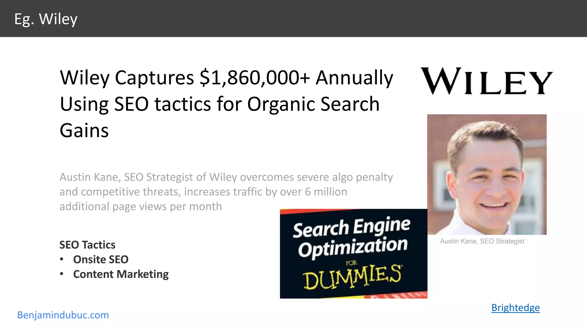 Benjamindubuc.com
Eg. Wiley
SEO Tactics
• Onsite SEO
• Content Marketing
Wiley Captures $1,860,000+ Annually
Using SEO tactics for Organic Search
Gains
Austin Kane, SEO Strategist of Wiley overcomes severe algo penalty
and competitive threats, increases traffic by over 6 million
additional page views per month
Brightedge
Austin Kane, SEO Strategist
 