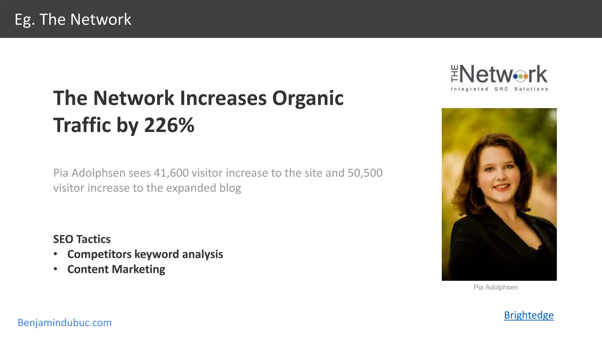 Benjamindubuc.com
Eg. The Network
SEO Tactics
• Competitors keyword analysis
• Content Marketing
The Network Increases Organic
Traffic by 226%
Pia Adolphsen sees 41,600 visitor increase to the site and 50,500
visitor increase to the expanded blog
Brightedge
Pia Adolphsen
 