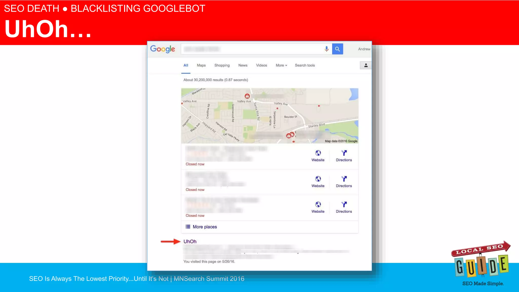 SEO Is Always The Lowest Priority...Until It's Not | MNSearch Summit 2016
SEO DEATH ● BLACKLISTING GOOGLEBOT
UhOh…
 